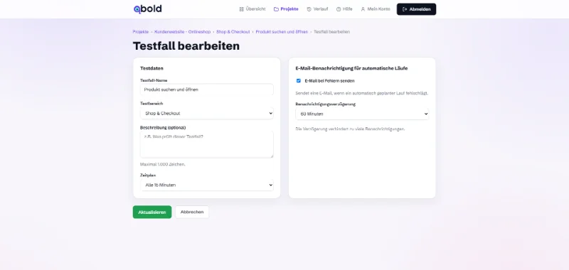 qbold-Einstellungen für einen Zeitplan und E-Mail-Benachrichtigungen bei fehlgeschlagenen Prüfungen
