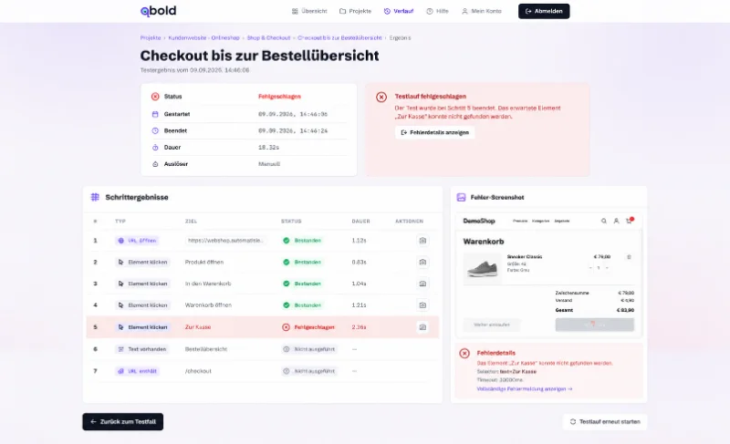 qbold-Fehleransicht mit fehlgeschlagenem Schritt, Fehlerdetails und einem Screenshot des Seitenzustands